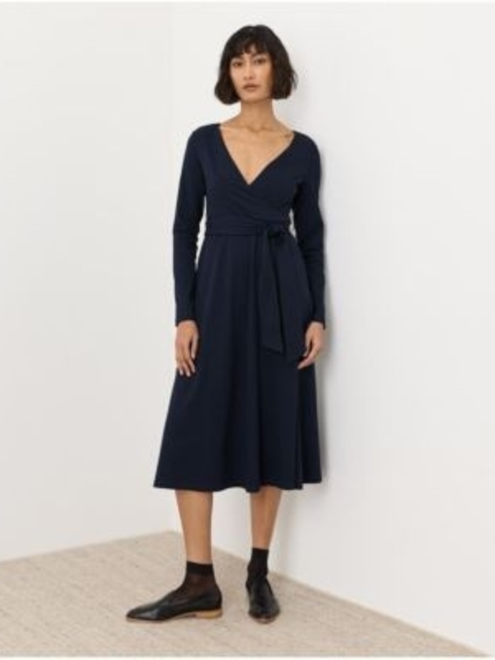 Navy Wrap Midi Dress with Tie Waist